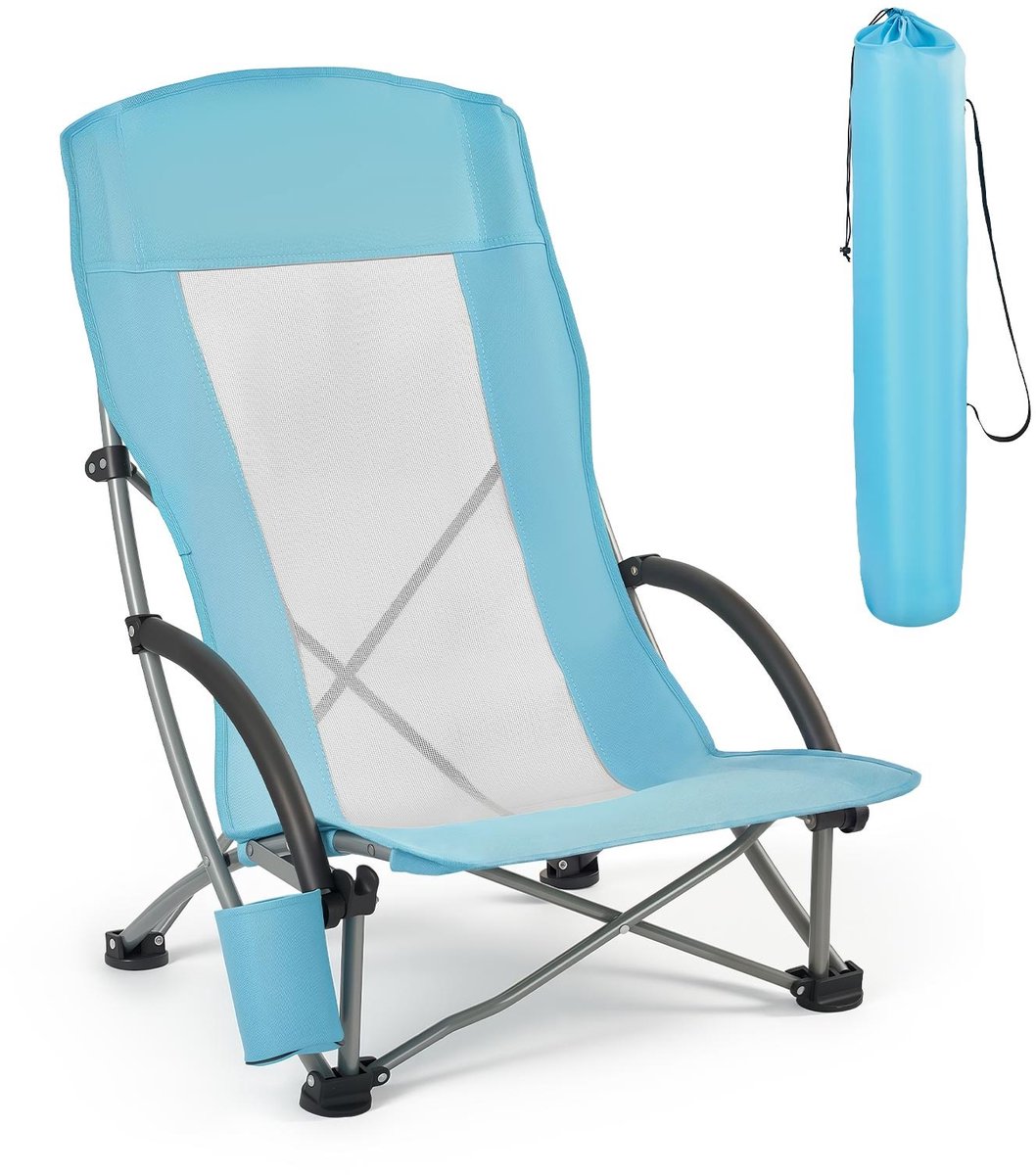 Campingstoel & Visstoel - Opvouwbare Stoel - Draagvermogen 150 kg - Hoge Rugleuning - Met Bekerhouder - Ademende Netstof - Inclusief Draagtas - Lichtblauw