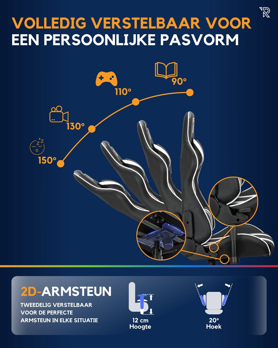 Ranqer Felix Gamestoel Ergonomisch Zwart/Wit Verstelbaar - afbeelding 2