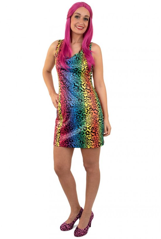 Jurk regenboog panterprint - carnavalskleding dames - Carnaval kostuum dames - maat 34/36