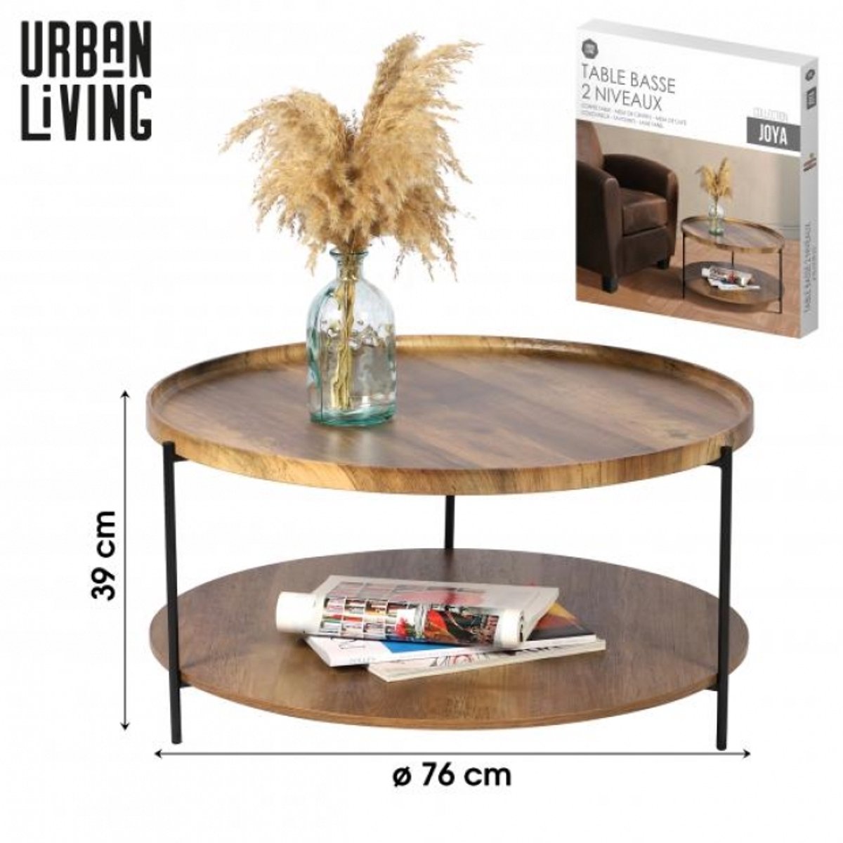 Urban Living "JOYA" - Salontafel met 2 etages, diameter 76 cm x hoogte 39 cm Walnootdecor
