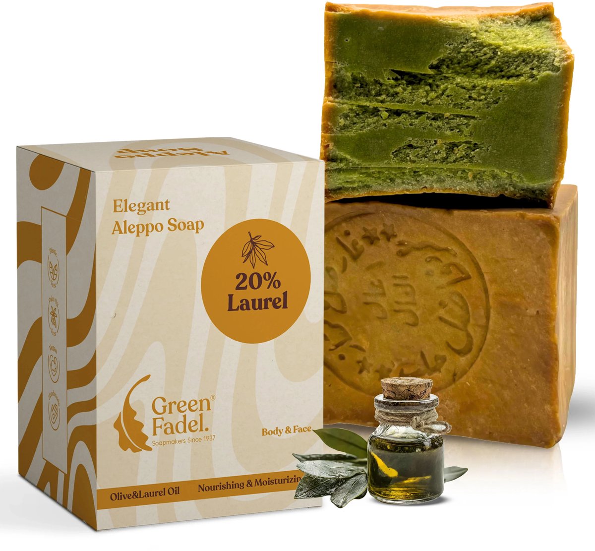 GREEN FADEL Aleppo Zeep 20% Laurierolie 80% Olijfolie - 1 x 200g - Handgemaakt - Natuurlijke Zeep