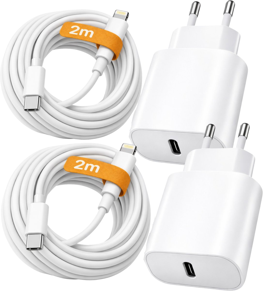 USB-C Snellader 20W Duo Set – 2x Oplader + 2x 2m Lightning Kabel – Geschikt voor iPhone 5 t/m 14 & iPad – Wit