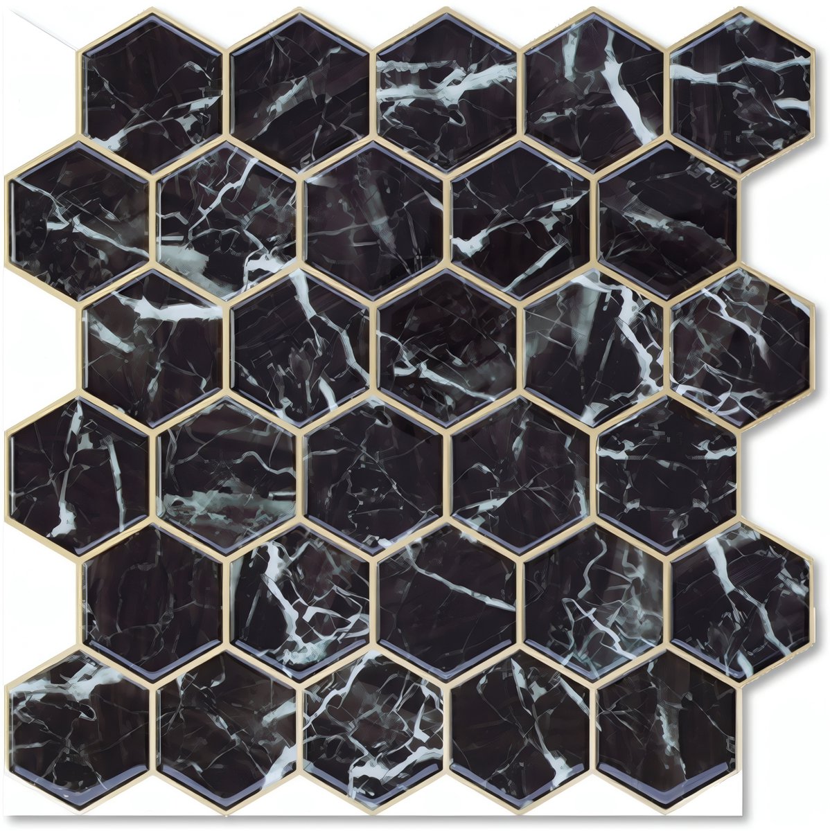 24Supply Plaktegels - 10 Stuks - Glans - Zwart Marmer en Goud - Hexagon - 30.5x30.5cm