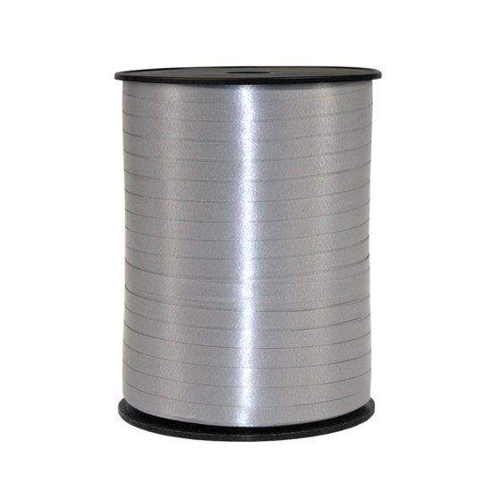 Zilverkleurige lintrol met zwarte randen, 5 mm breed.