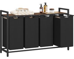Amolass - Wasmand - Wassorteerder - 4 vakken - Wasmandmeubel - Met Bovenplank - 4x40L - 116 x 33 x 72 cm - Zwart - Modern