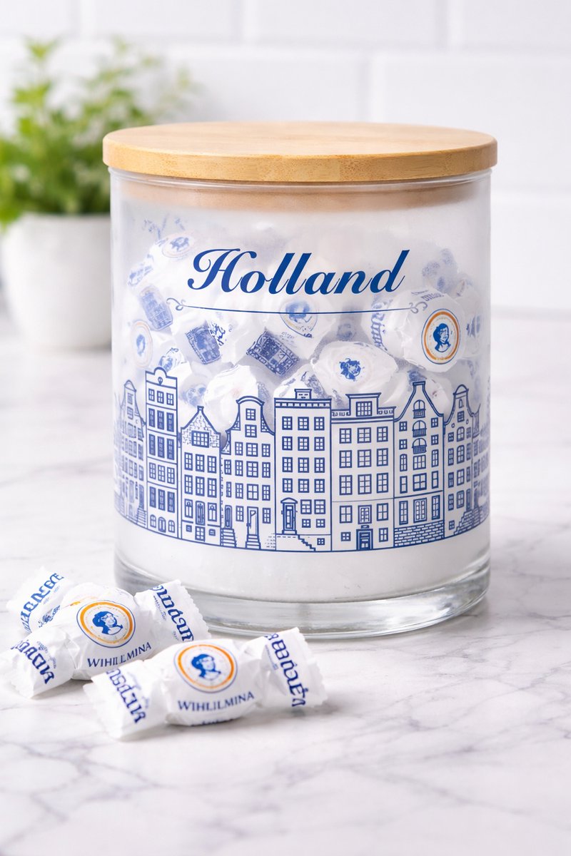 Pot met Wilhelmina Pepermunt – Cadeau voor Moederdag – Herbruikbare Glazen Pot - Pepermunt pot - Wilhelmina pepermunt - Pepermunt snoep - Snoeppot glas - Holland cadeau - Typisch Nederlands cadeau - Souvenir Nederland - Cadeau pot - origineel cadeau