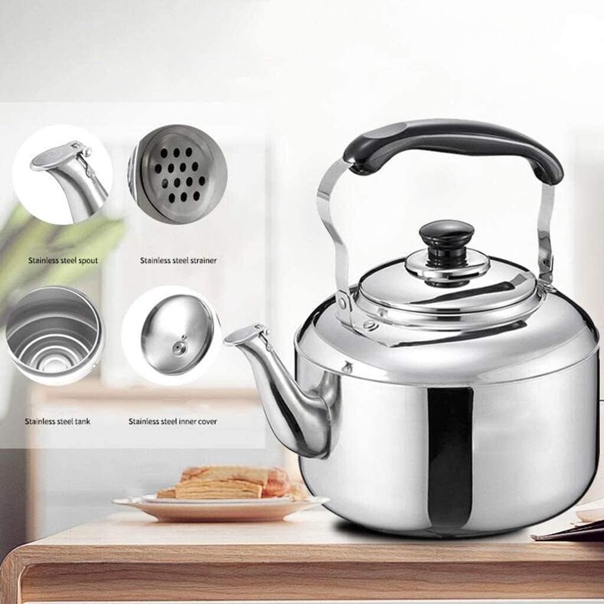 Roestvrij staal ketel - Theepot waterkoker - Water koken - Fluitje bij kookpunt - 5 liter capaciteit - Zilverkleurig