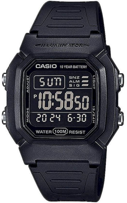Zwart Casio digitaal horloge met de tijd 10:58:50 en 'SUN'.