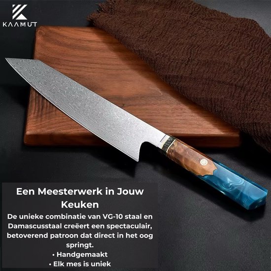 Couteau de chef japonais professionnel Kiritsuke Kaamut® - 20 cm - Acier Damas 67 couches, tranchant comme un rasoir et durable - Manche en époxy bleu saphir et chêne - Coffret cadeau de Luxe