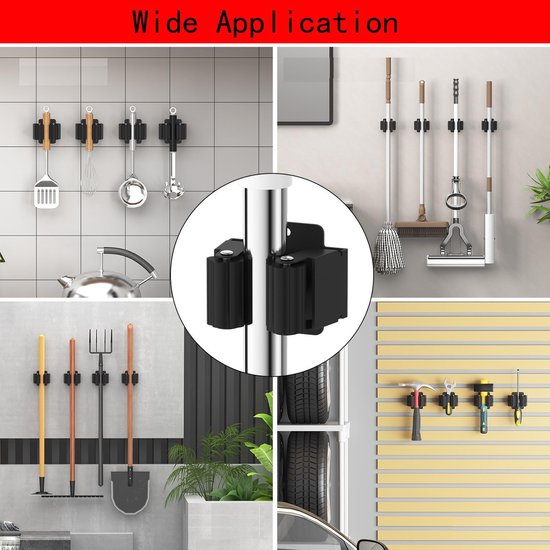 Bezemhouder - 6 stuks - Gereedschapshouder - Op Muren - RVS - Bezem ophangsysteem - Ophangsysteem - Hanger Achter de Deuren - Organisator Haak - Badkamer Accwssoires - Zwart van Merkloos	 — afbeelding 2
