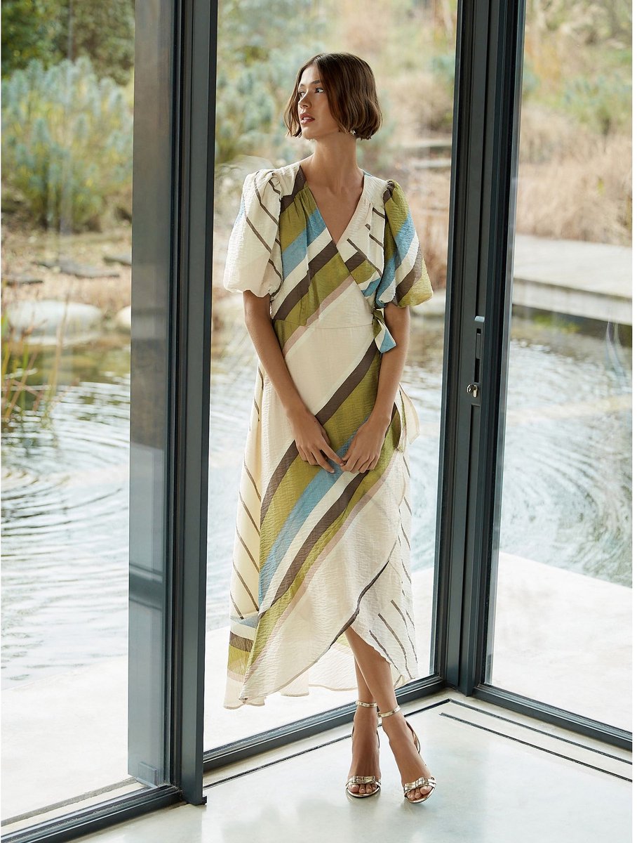 Next Dames - Midi-gelegenheidsjurk met korte pofmouwen en overslag. - Crème Ecru/Green Stripe