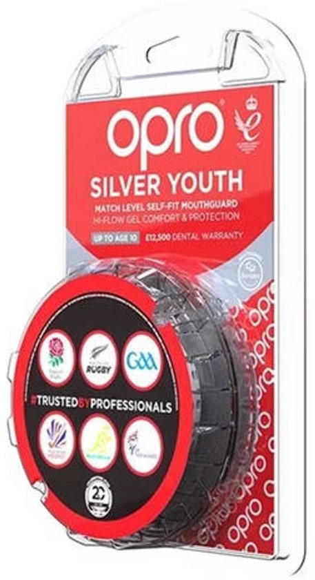 Verpakking van de Opro Silver Youth Mouthguard, met logo's en de tekst 'Trusted by Professionals'.