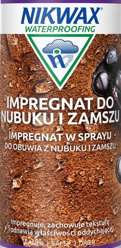 Nikwax spray voor nubuck en suède. Detail van het bruine etiket met logo.