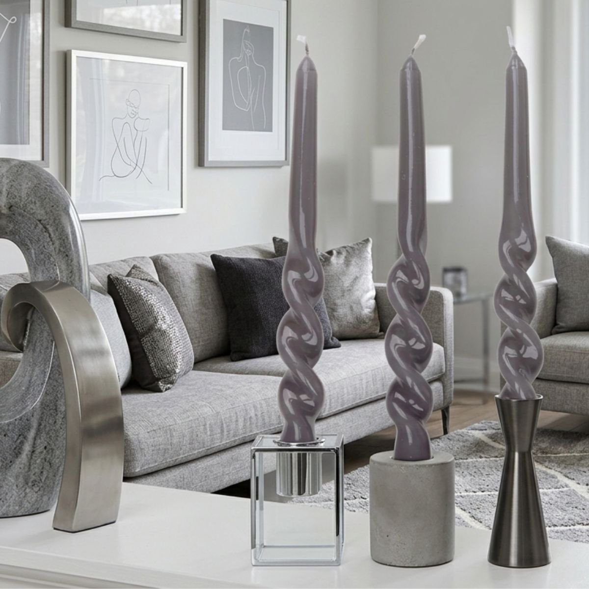 Arti Casa gedraaide dinerkaarsen grijs glans - set van 3 stuks - trendy gedraaid design - lange brandtijd - geschikt voor feestelijke gelegenheden en diners - hoogte 26 cm