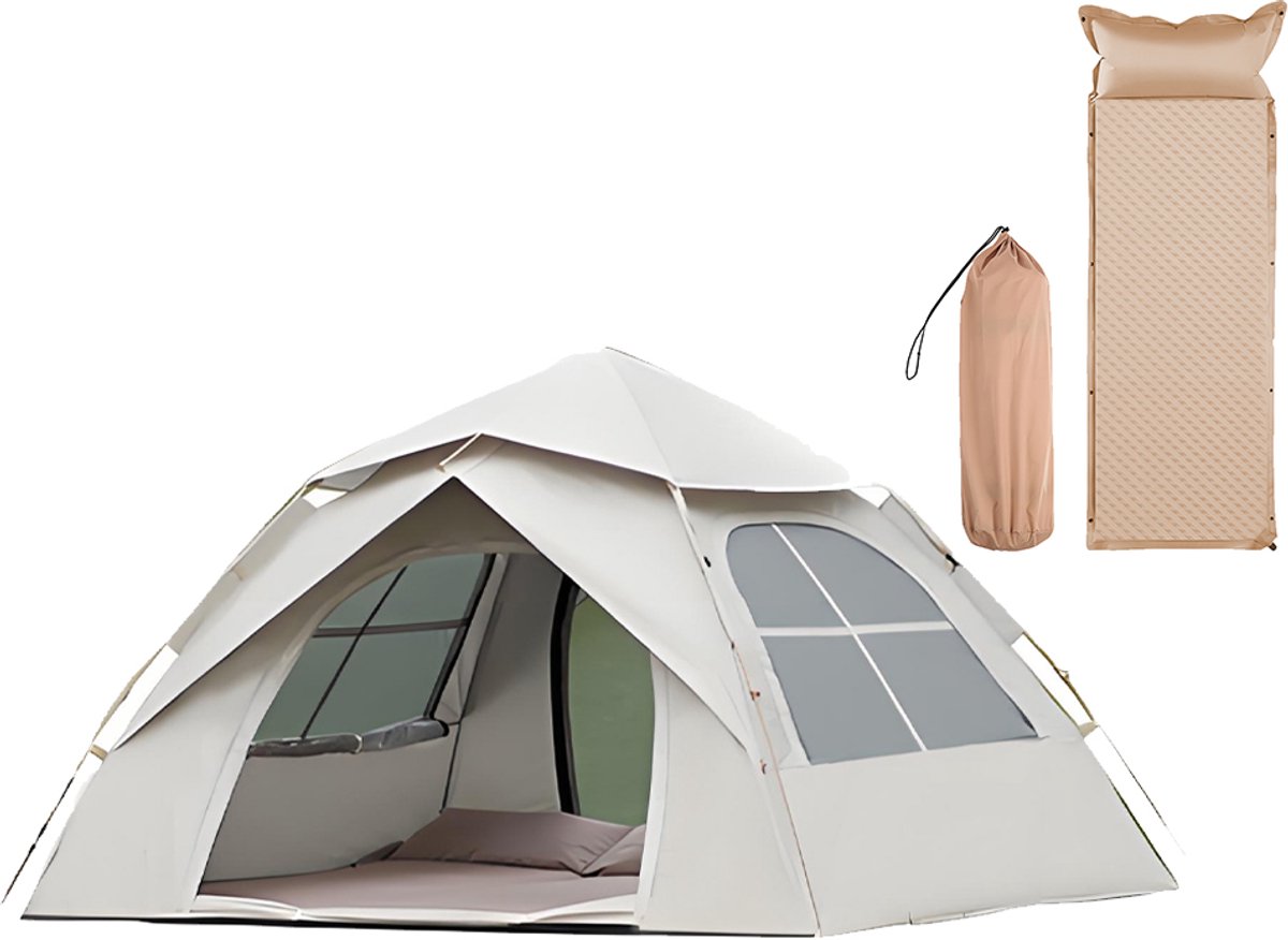 Automatische Pop-up Tent met Slaapmat - Vierhoekige Kampeertent voor 2-3 Personen - Waterdicht met Vaste Zonnekap - Inclusief Draagtas - Ideaal voor Gezinscamping en Festivals - Met Verzilverde UV-Block Coating - Snelle 3-Seconden Opzet - Wit
