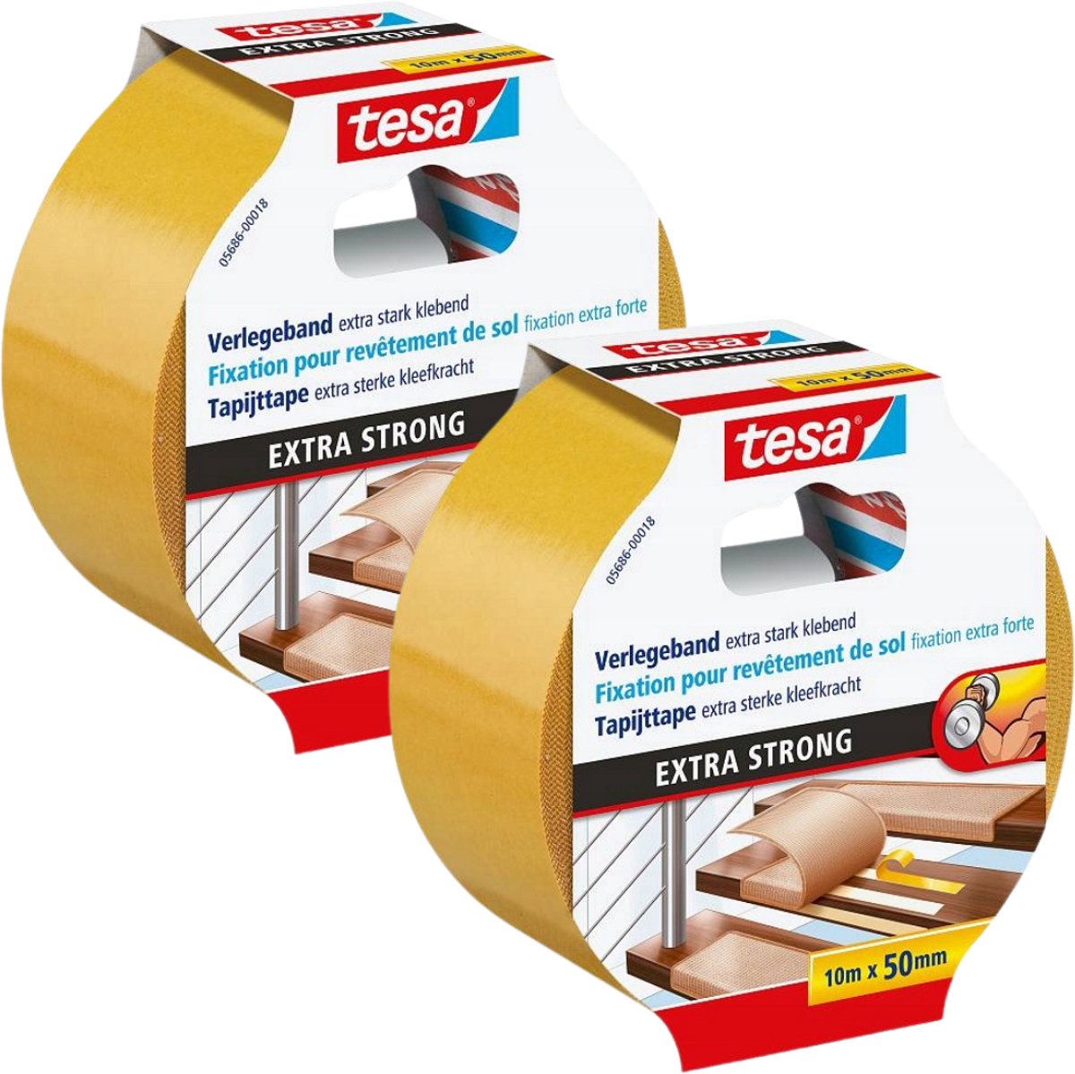 Tesa Extra Strong Serie - Dubbelzijdige Tapijttape - 10m x 50mm - Voor Buiten - Geschikt voor Gecombineerd Verwarmde Vloeren