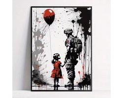 Canvas poster - Street art - Soldaat en meisje - Abstracte kunst - Zwart wit rood - Moderne wanddecoratie - 20x30 cm - MET LIJST - Ingelijst - Trendy