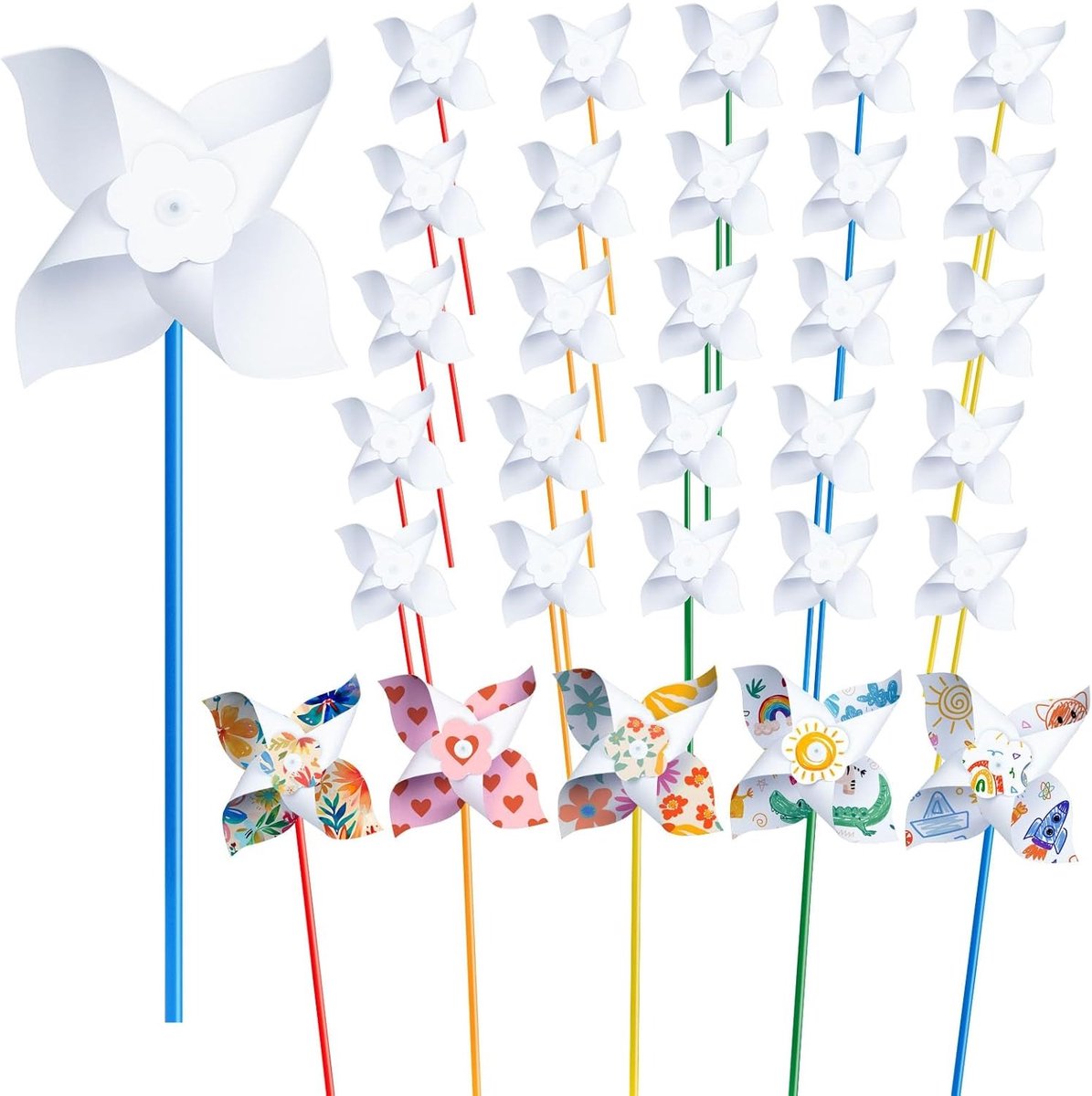 100 stuks DIY windmolentjes om zelf te maken, kleur je eigen witte windmolentje, bulk zomer windmolentjes knutselpakket, bulk windmolentjes voor lente kunst en creativiteit