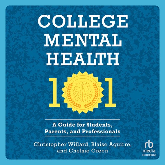 Couverture de livre 'College Mental Health 101' avec un emblème jaune en forme de cerveau sur fond bleu texturé.