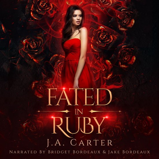 Vrouw in rode jurk, omringd door rode rozen met "FATED IN RUBY J.A. CARTER" erop.
