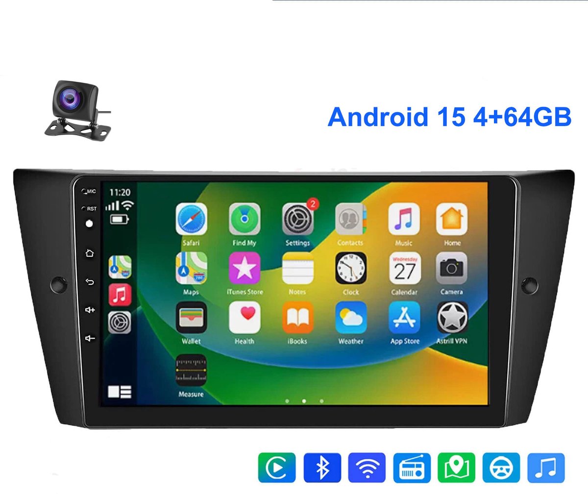 ESSGOO Autoradio met Draadloos Carplay en Android Auto - Geschikt voor BMW 3 serie E90 E91 E92 E93 2005 t/m 2013 - navigatie Android 15 - 4+64GB - 2005 2006 2007 2008 2009 2010 2011 2012 2013 - Bluetooth Wifi USB FM RDS & 2 DIN - Achteruitrijcamera