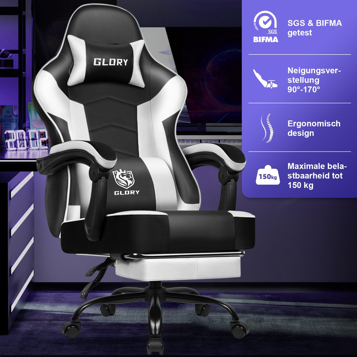 Hiaonyx Gaming Stoel Zwart 170° Verstelbare Rugleuning - afbeelding 3