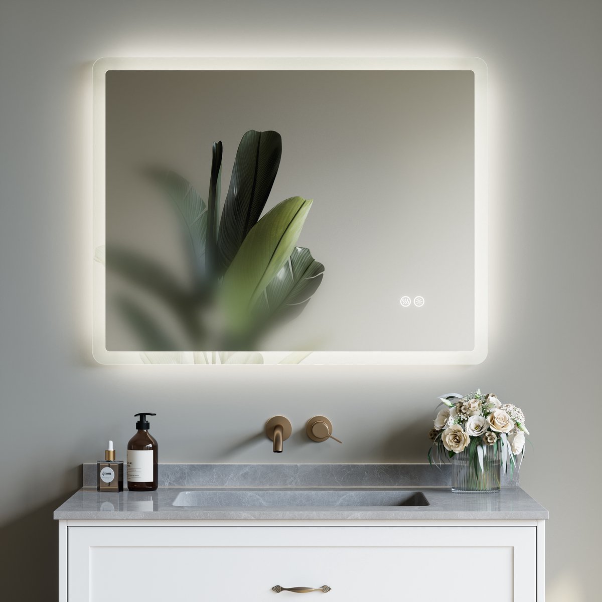 HOROW Badkamerspiegel met Verlichting - Anti Condens Verwarming - Wandspiegel -3 LED standen- Dimbaar - 70 x 90 cm