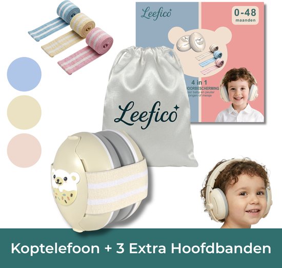 Leefico Baby Koptelefoon Gehoorbescherming – 4-in-1 Set met 3 Verwisselbare Hoofdbanden – Oorbeschermers Kind – Tot 25 dB – Voor Baby, Peuter & Kinderen