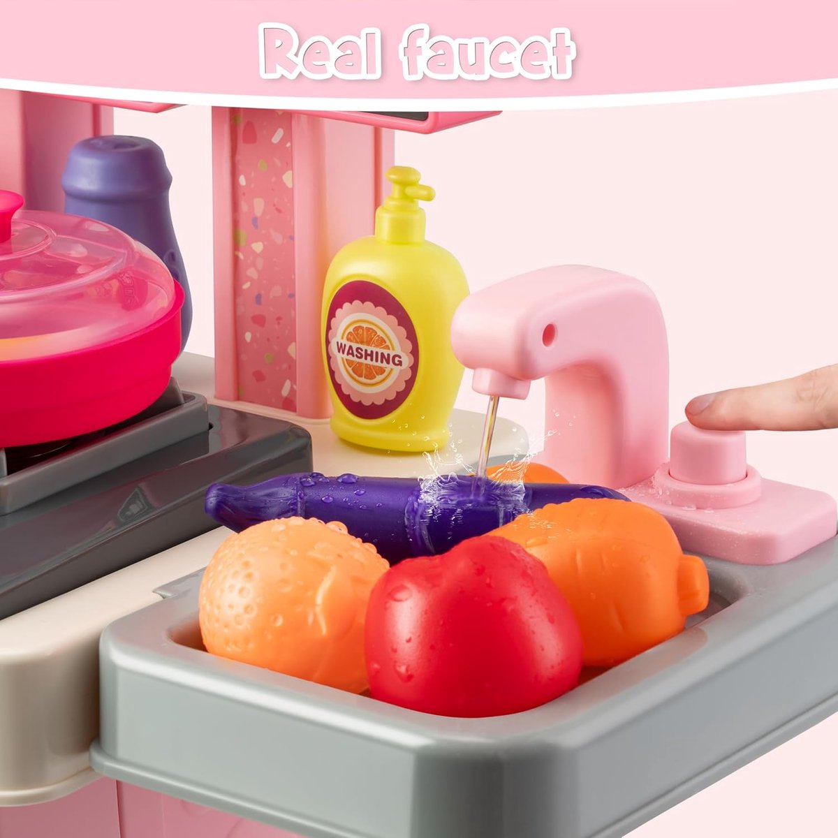 53-delige speelkeukenset voor kinderen - 69 cm speelkeuken met geluid en licht, kookplaat, speelgootsteen, oven, keukenspeelgoed, fantasiespel, keukenspeelgoed voor peuters van 1, 2 en 3 jaar (roze) — afbeelding 8