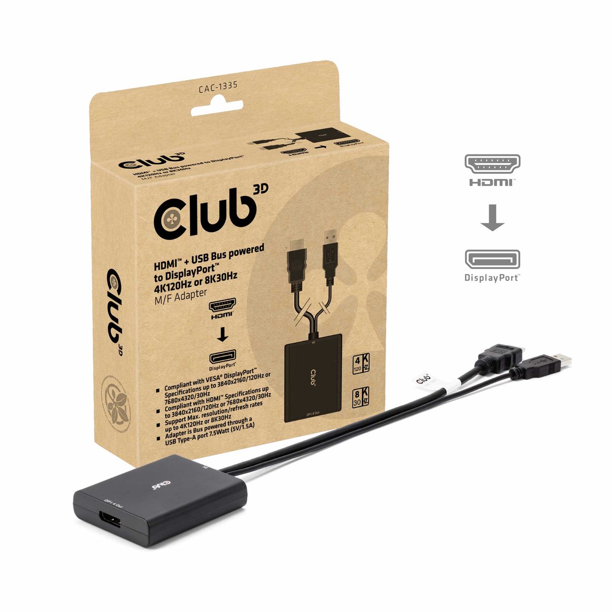 CLUB3D HDMI + Micro USB to DisplayPort© 4K120Hz or 8K30Hz M/F Active Adapter