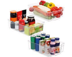 Kurtzy 3pak Grote Keuken Koelkast & Kast Opslag Trommels – 32,5cm Totale Lengte Helder Plastic Koelkast Bakjes – Badkamer, Kelder, Lades, Diepvries & Huis Organiser Containers