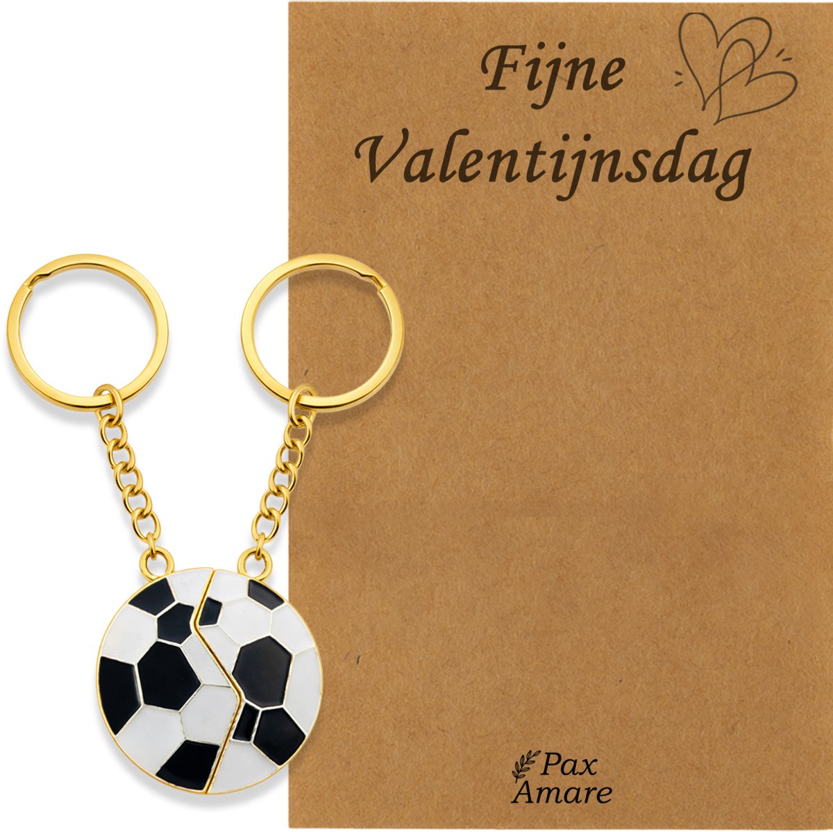 Koppel Sleutelhanger voor 2 'Fijne Valentijnsdag' - Magnetische Voetbal - Sleutelhanger set op Cadeau Kaartje - Goudkleurig - Vriendschap of Relatie Symbool - Pax Amare