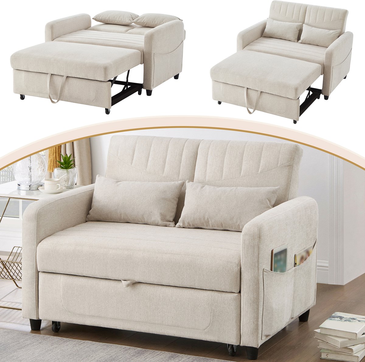 Wishdor 2-Zits Slaapbank - Uitschuifbaar - 3-Standen Verstelbare Rugleuning - Modern - Katoen-Linnen - Beige - 166 x 95 cm