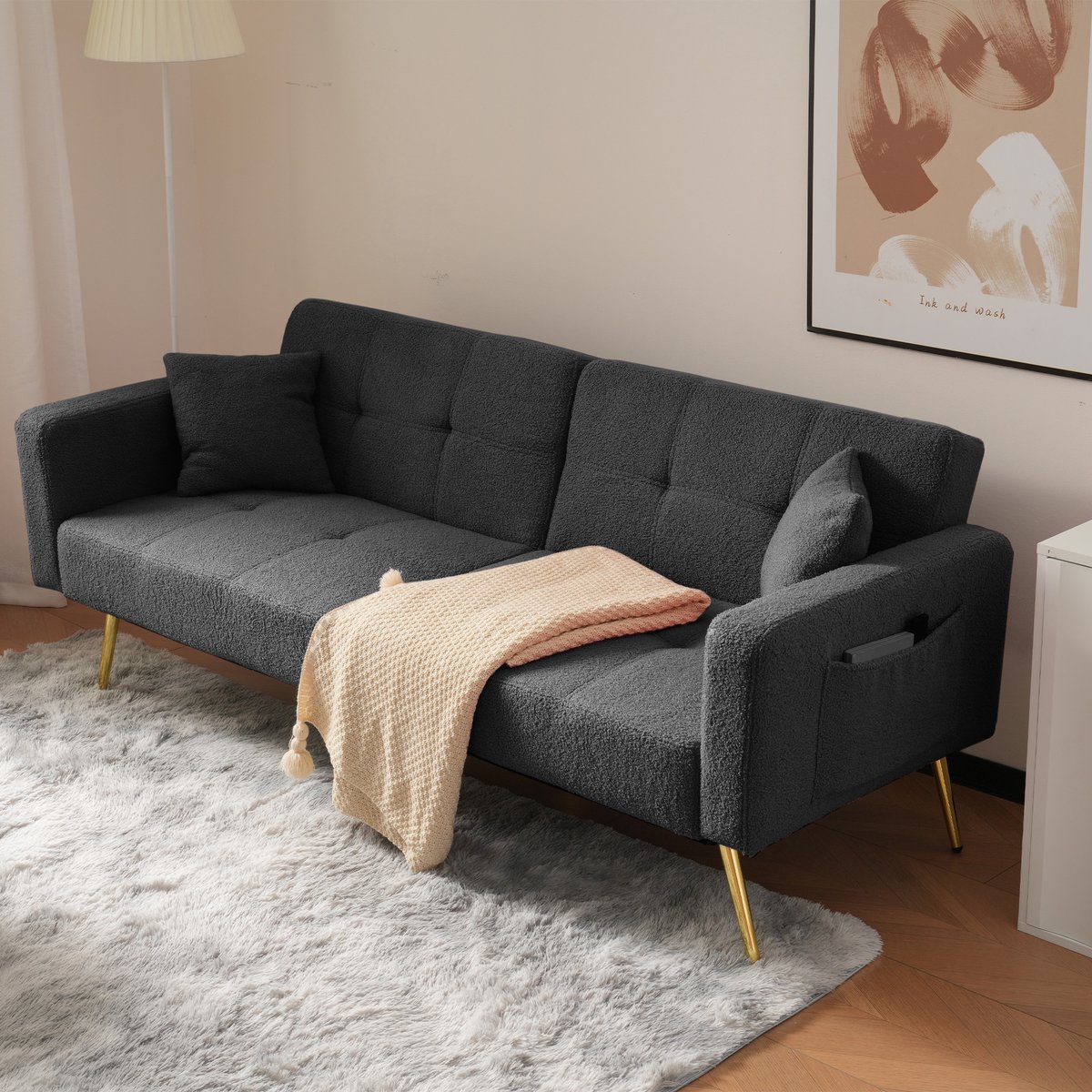 Wishdor - Slaapbank - Verstelbare Rugleuning En Bedfunctie - Met Opbergvakken - Sherpastof - Grijs - 175 x 64 x 72 cm