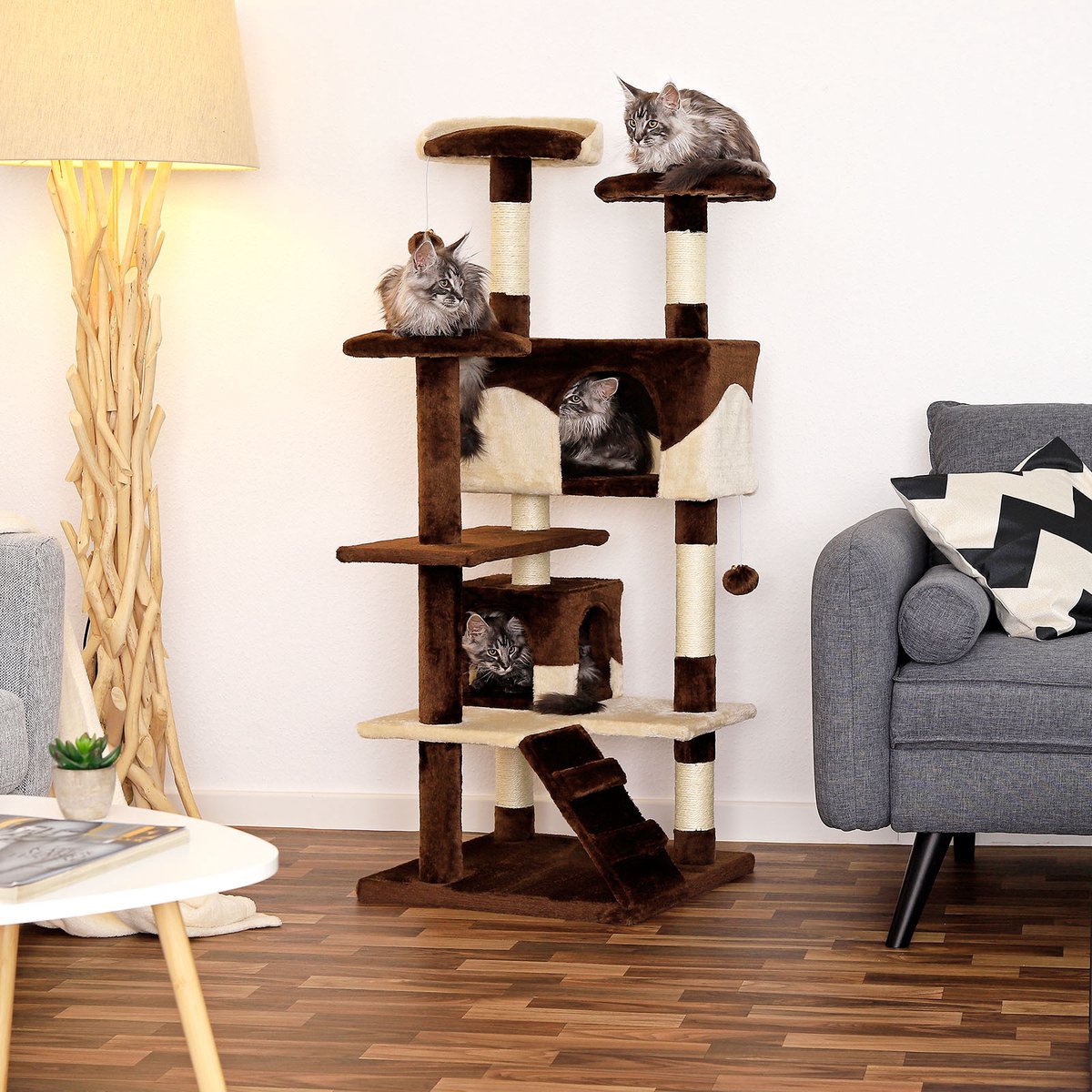 lionto Kattenkrabpaal 130 cm groot, met trap, grot & speelballen, bruin/beige thumbnail 5