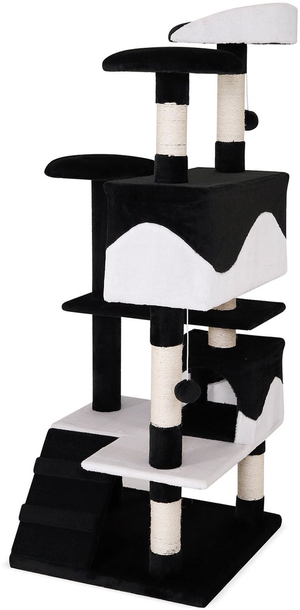 lionto Kattenkrabpaal 130 cm groot, met trap, grot & speelballen, zwart/wit thumbnail 2