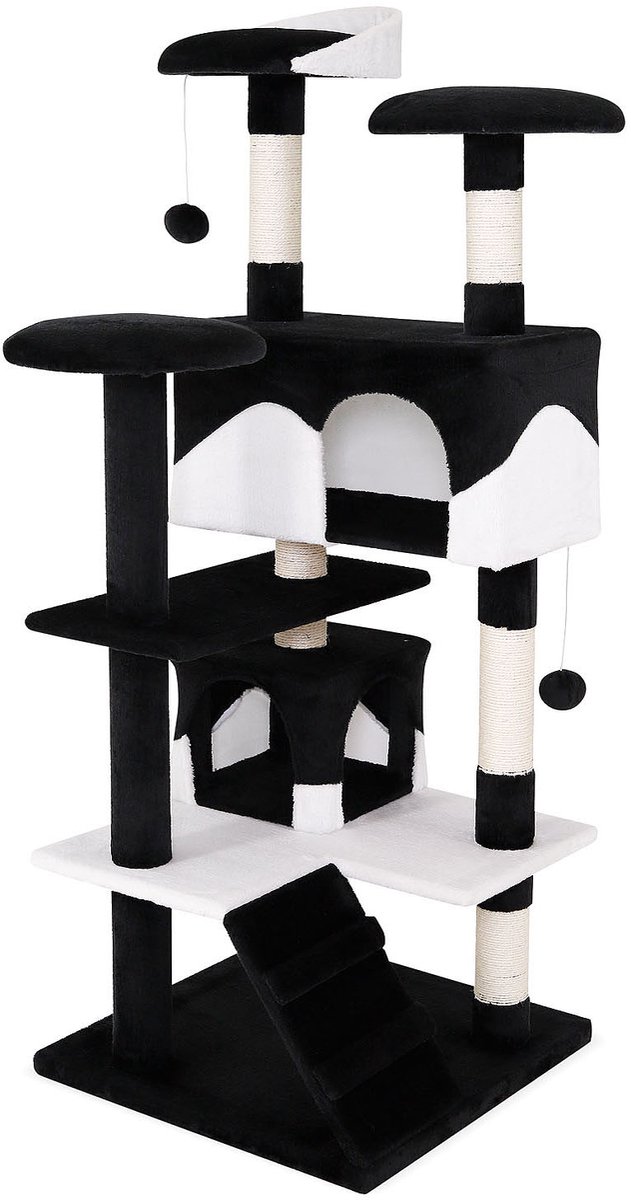 lionto Kattenkrabpaal 130 cm groot, met trap, grot & speelballen, zwart/wit