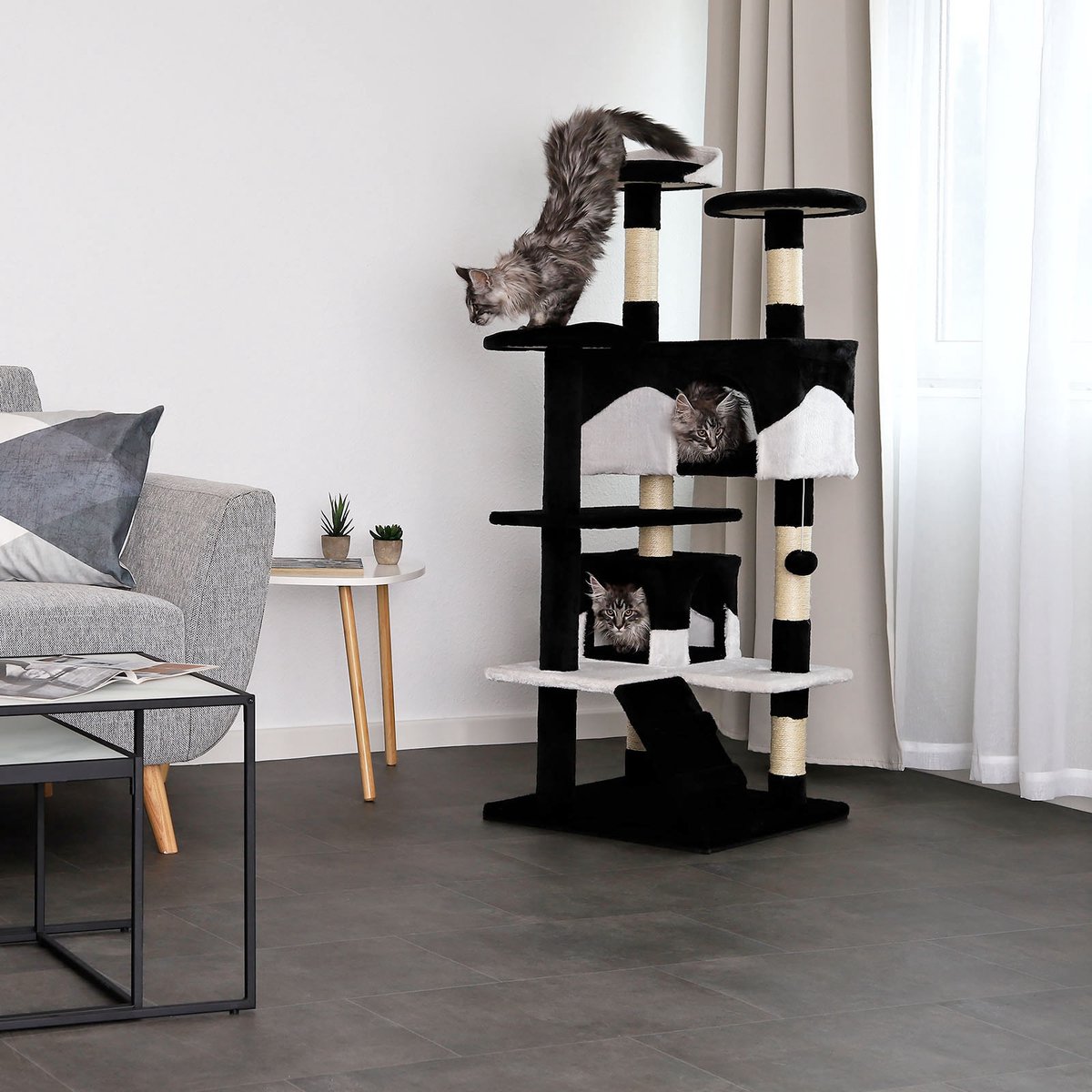lionto Kattenkrabpaal 130 cm groot, met trap, grot & speelballen, zwart/wit thumbnail 4
