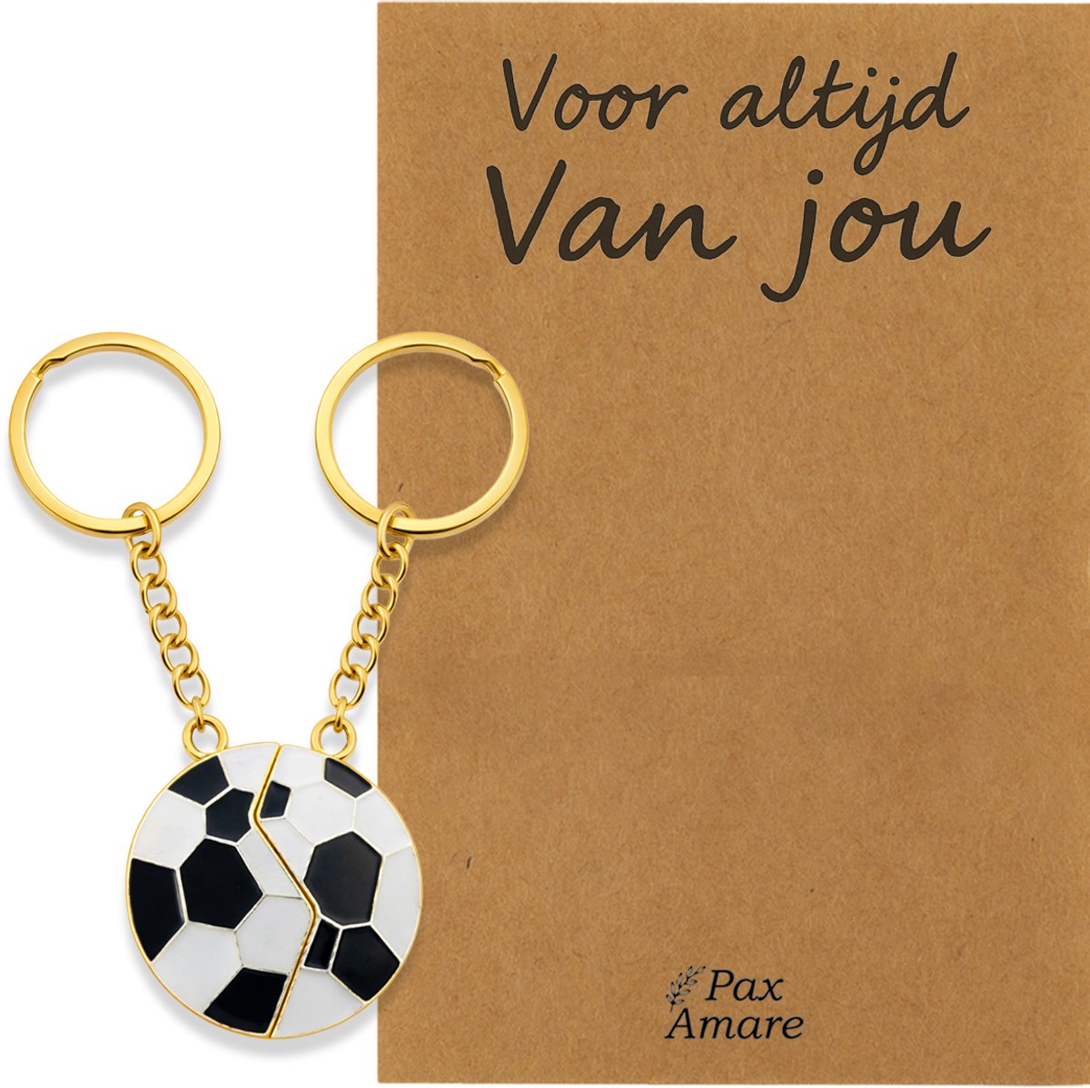 Koppel Sleutelhanger voor 2 'Voor altijd van jou' - Magnetische Voetbal - Sleutelhanger set op Cadeau Kaartje - Goudkleurig - Persoonlijke Hanger - Pax Amare