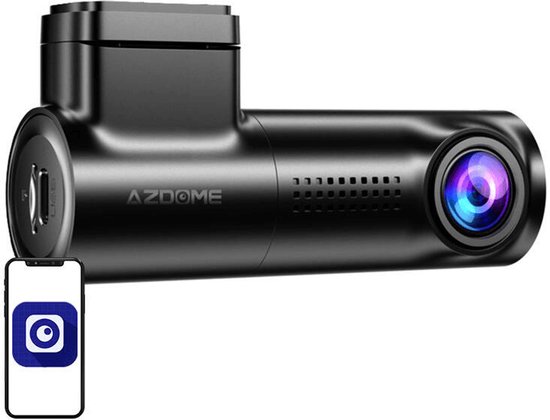 Zwarte AZDome dashcam, zijaanzicht, met lens en een smartphone-icoon.
