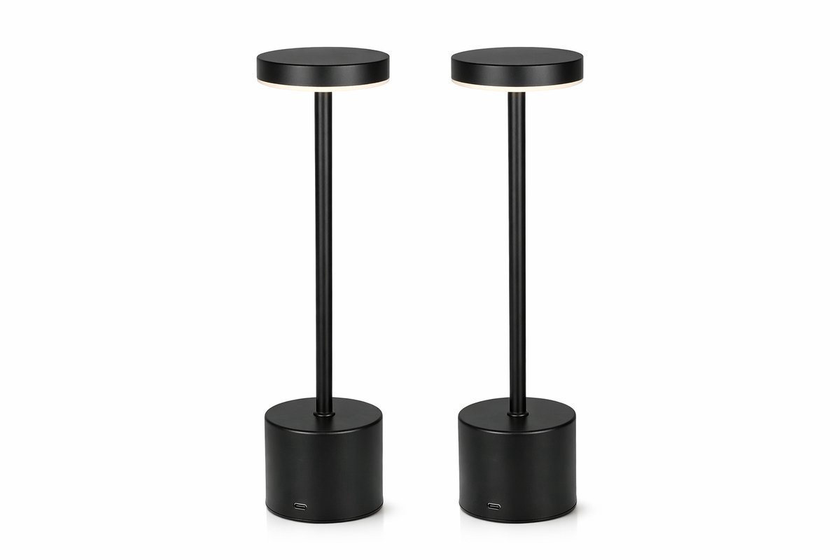Tafellamp Set van 2 – Oplaadbaar & Dimbaar – Zwart Metaal – Draadloos – 3 Lichtstanden (Warm/Wit) – LED Tafellampen