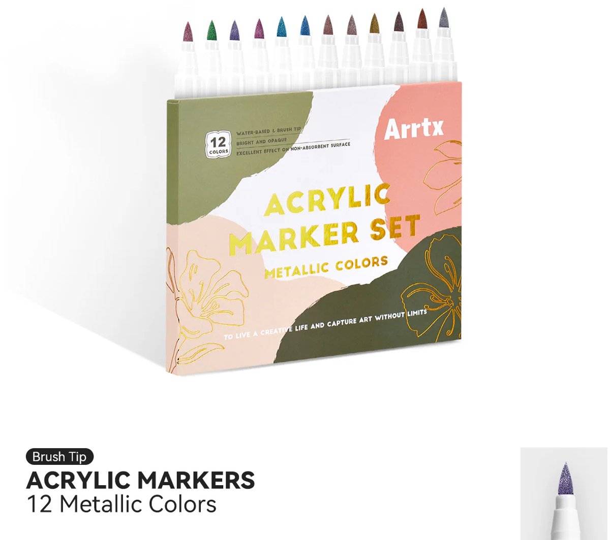 Arrtx - Acrylmarkers - Paint Brush Tip Markers - 12 Metallic kleuren
