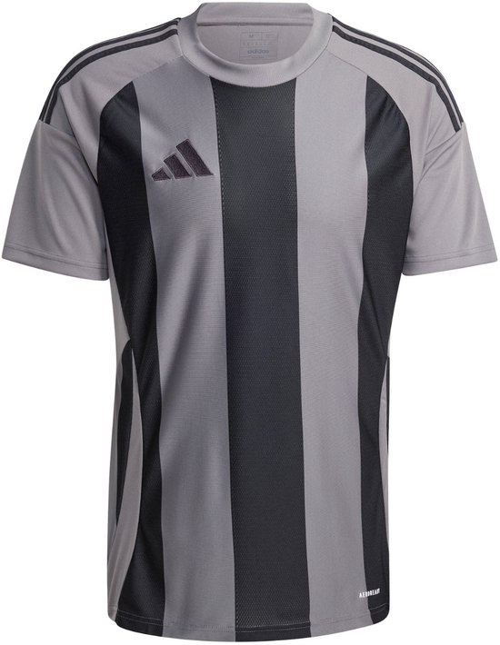 Grijs en zwart gestreept shirt met adidas logo en Aeroready technologie.