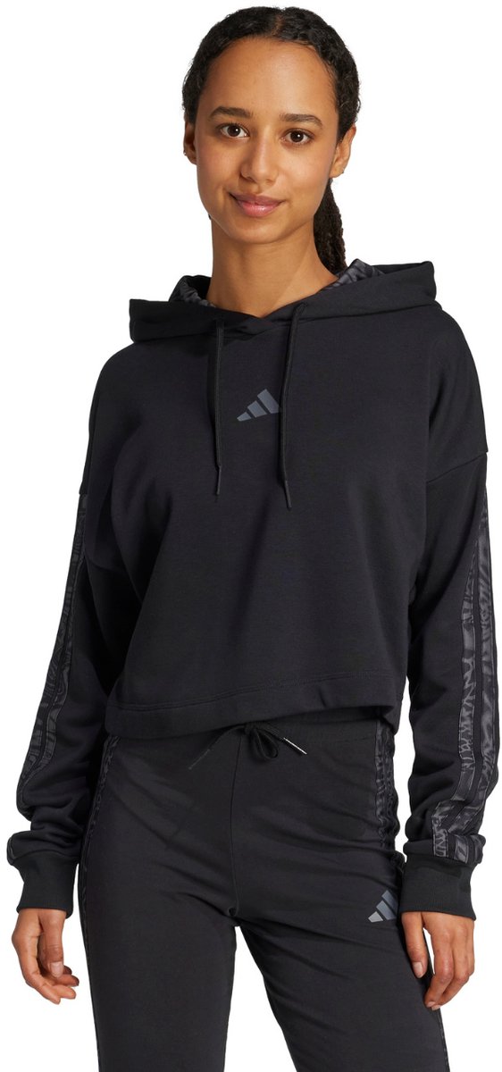 adidas Sweater Dames Essentials 3 Stripes Print French Terry Hoodie Zwart