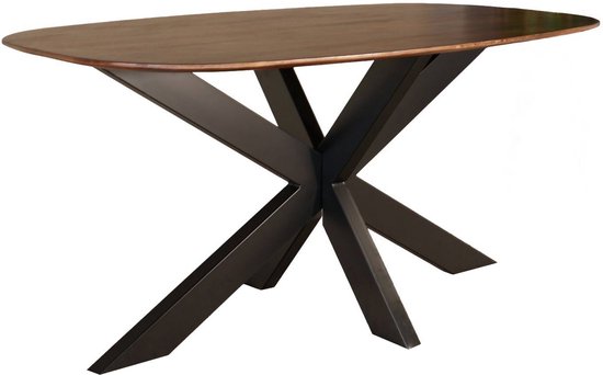 Bruine ovale eettafel met donker metalen spinpoot.