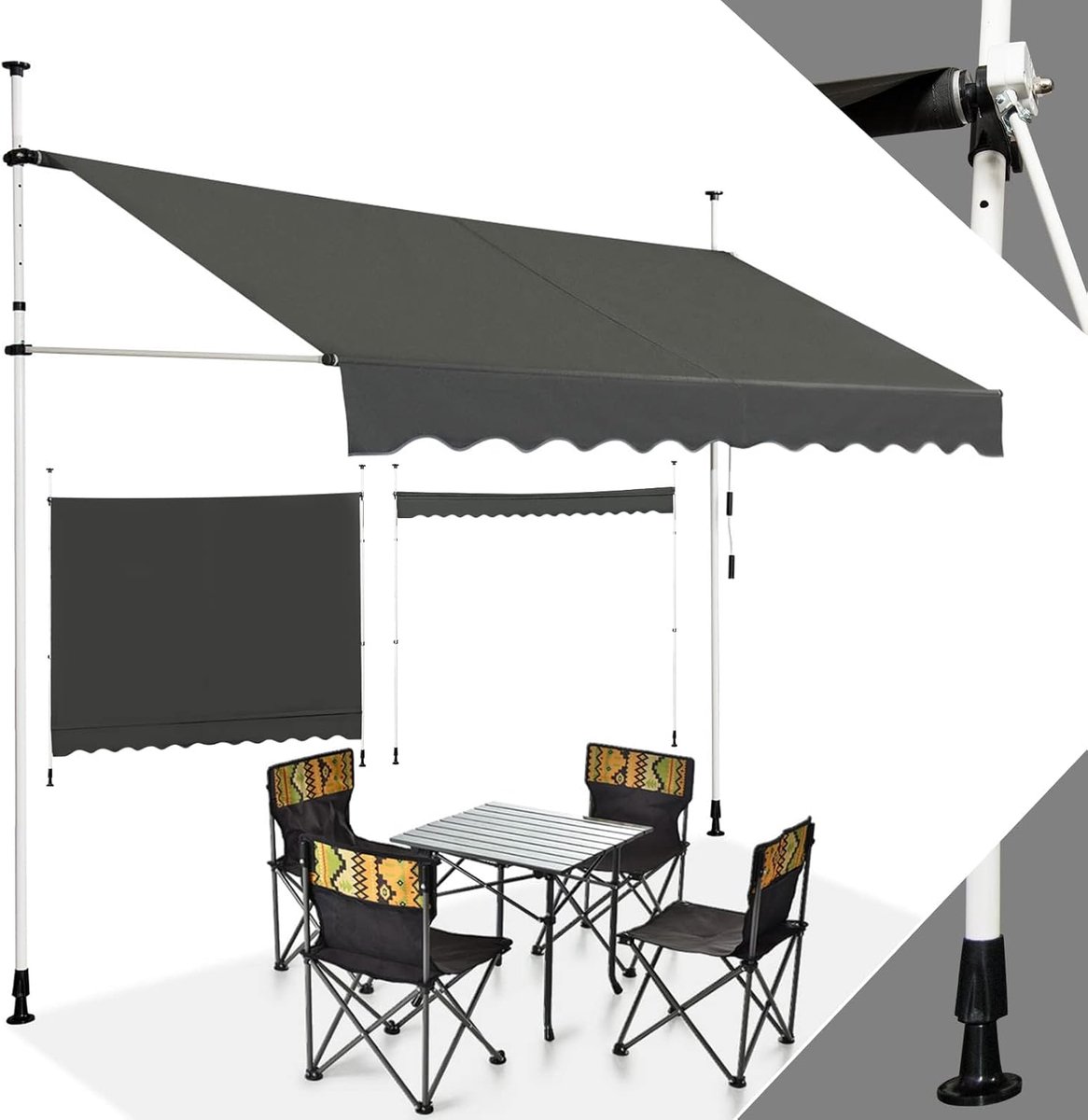 KOMFOTTEU Klemluifel, 350 cm breed, luifel voor balkon, zonder boren, luifel met handslinger, uv-bestendig, in hoogte verstelbaar, waterafstotend, zonwering voor balkon, terras en tuin