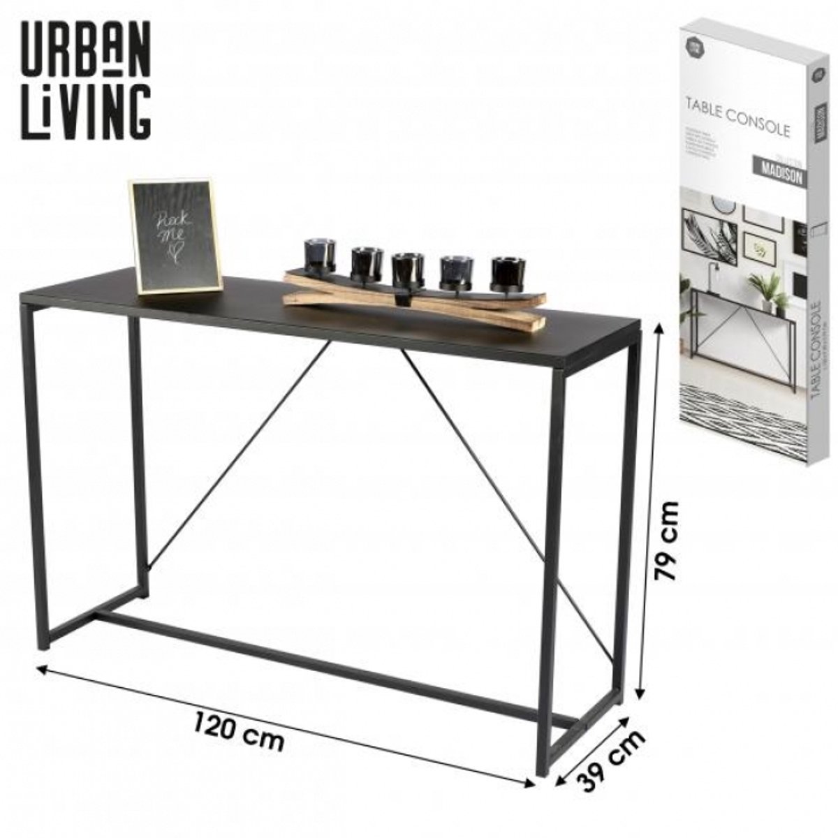 "MADISON" CONSOLE VAN ZWART METAAL, 120×39×H79 CM