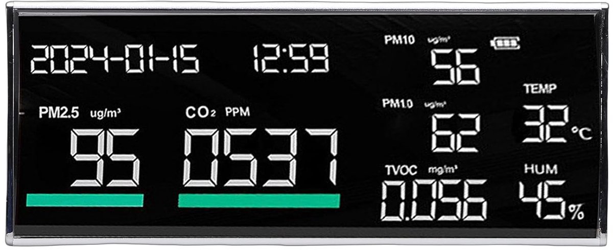 Luchtkwaliteitsmeter - Binnenlucht monitor - Gezond binnenklimaat - Multifunctionele meting - 9 inch LED scherm - Aluminium afwerking