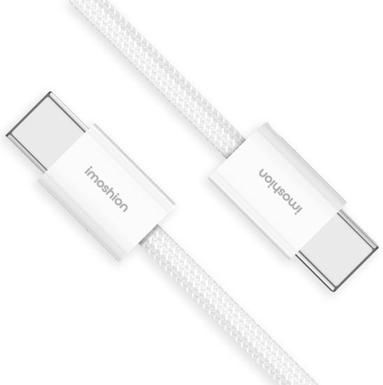Witte gevlochten USB-C naar USB-C kabel met imoshion logo op beide connectoren.