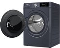 Lave-linge gris foncé avec la porte ouverte, le tambour visible et le panneau de commande avec écran.